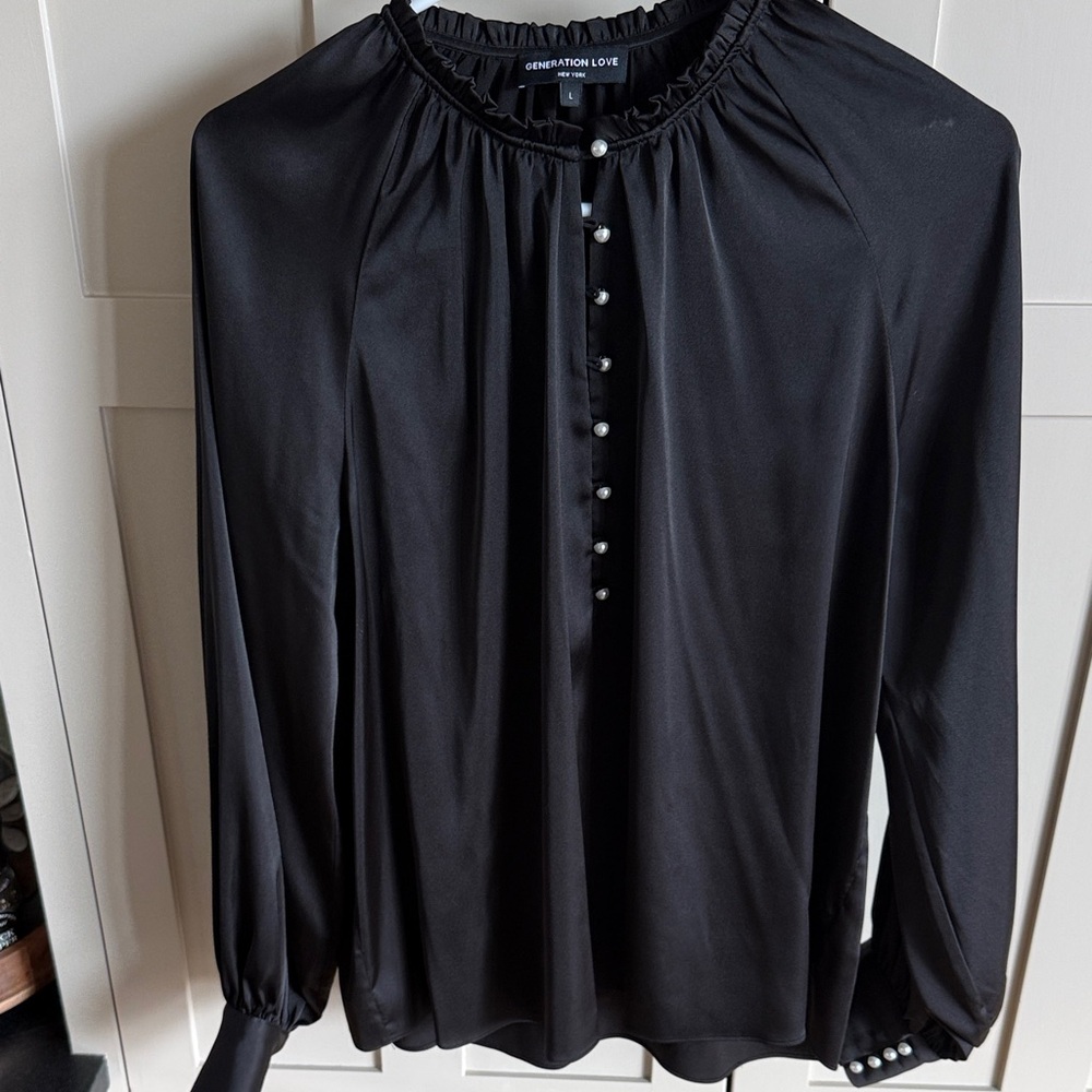Generation Love Black Pearl-Button Ruffle Neck Blouse